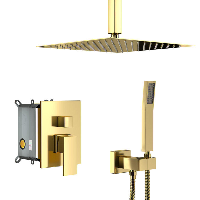 10 Inch Square Shower System - Gold Dual Head Ceiling Mount With Valve, Rainfall And Handheld, Easy To Install & Clean Kit -Balanced Installation Up
