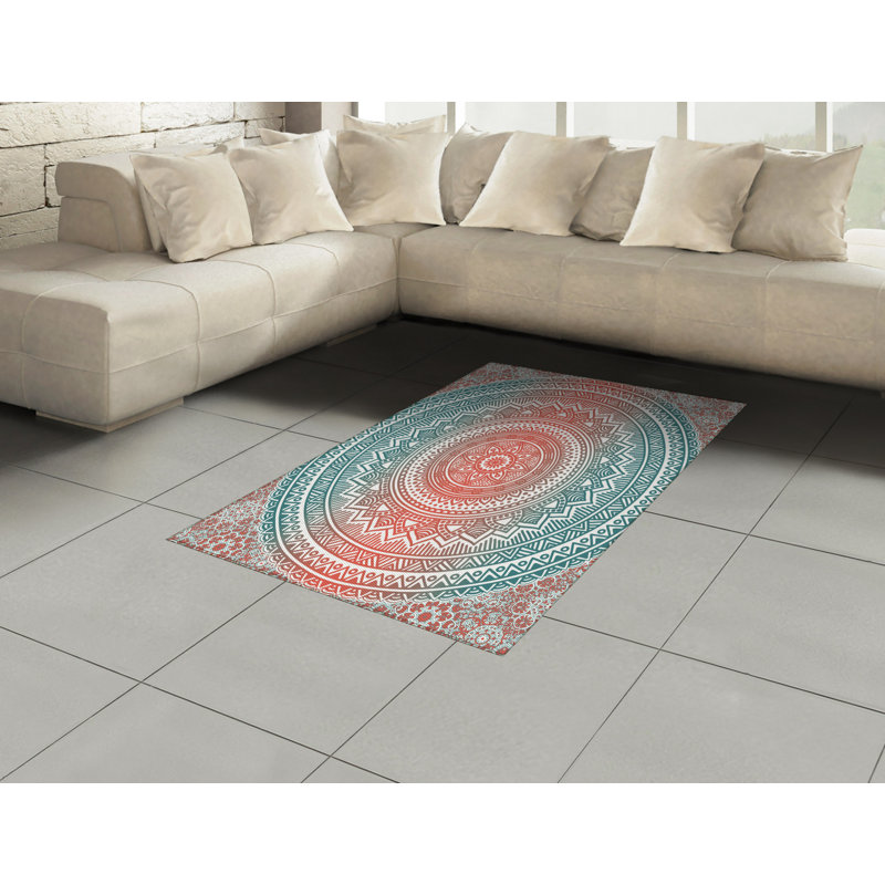Teal and Coral High Density Long Fiber Poly Threads Decorative Area Rug Carpet, Rectangle 4' x 5'8"