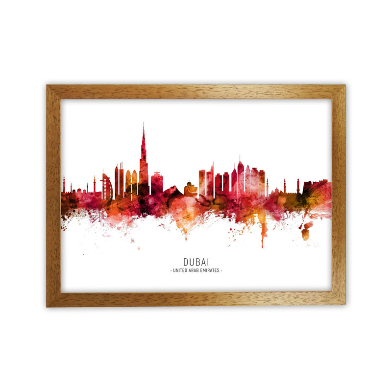 Dubai United Arab Emirates Skyline Red City Name by Michael Tompsett - Print, Oak Framed, 46cm H x 63cm W x 3cm D