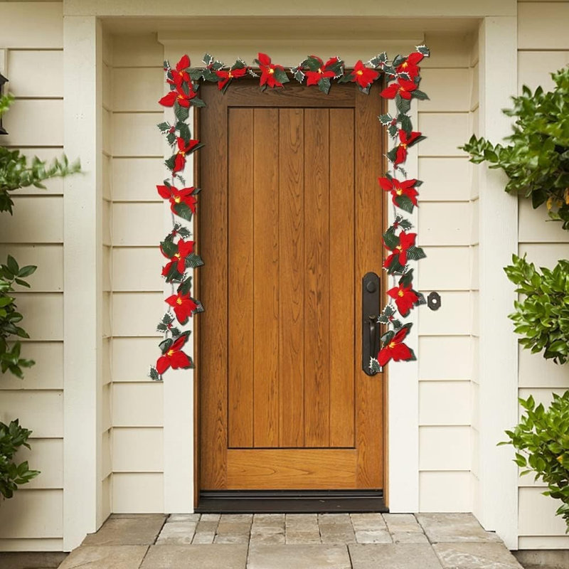 6.5FT Poinsettia Christmas Garland With 10 Pre-Lit Lights, Battery Operated Lighted