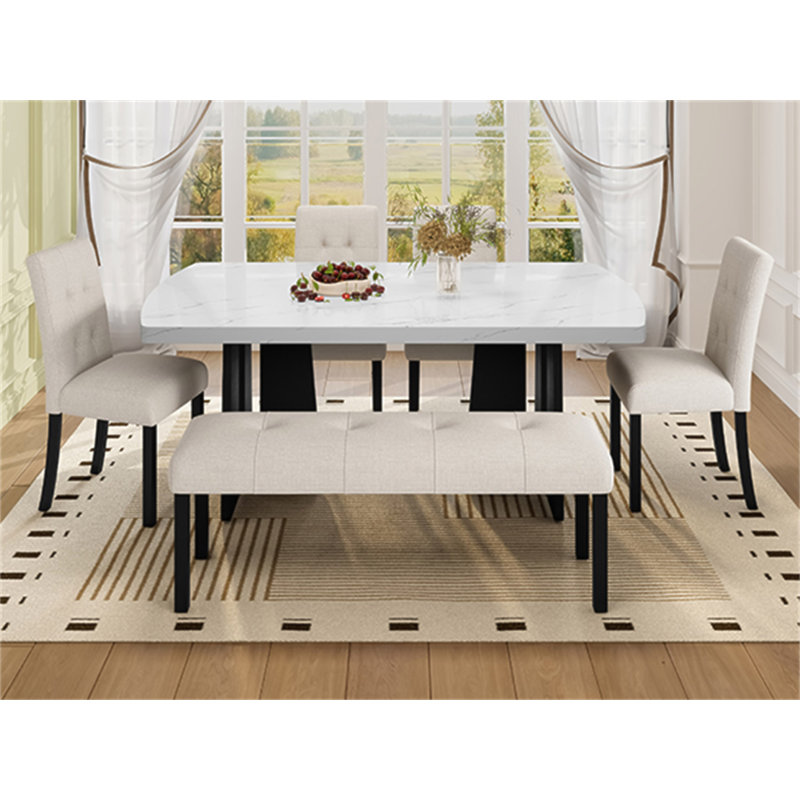 Ensemble de table de salle à manger moderne 6 pièces, table de salle à manger en faux marbre 63 "avec pieds géométriques, 4 chaises rembourrées et 1 banc, facile à assembler, beige et blanc