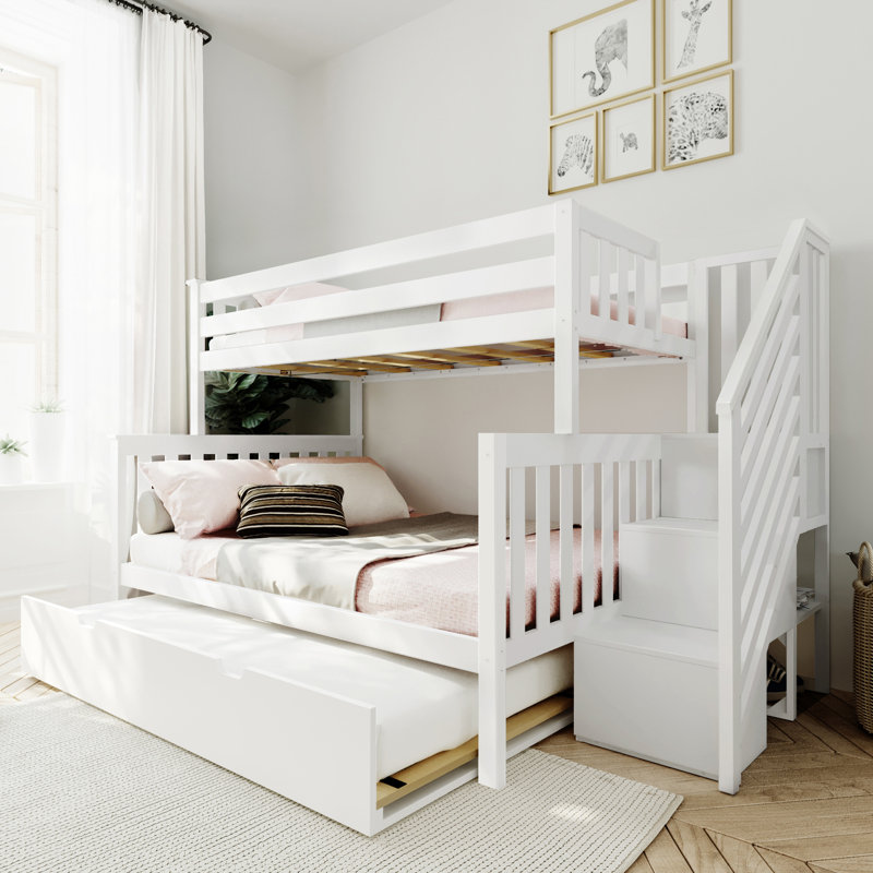 Lit superposé simple au-dessus de double en bois massif avec lit gigogne Aileana, Blanc