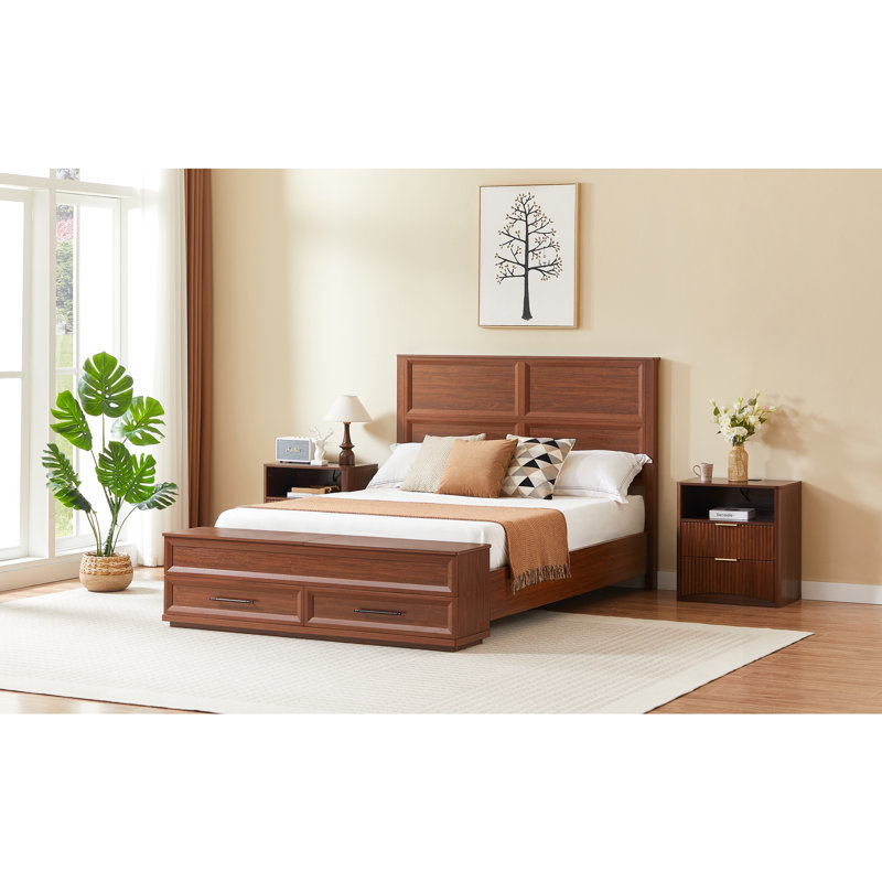 Lit avec tête de lit géométrique 3D et banc de rangement - rangement à 4 tiroirs, mobilier de chambre moderne, Grand lit