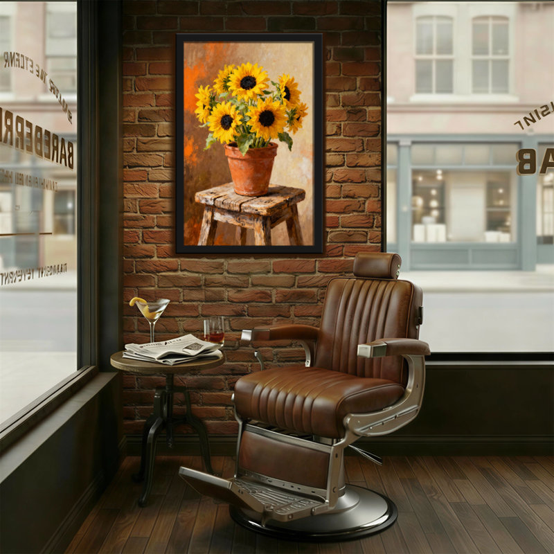 Plantes et fleurs tournesols en pot sur un tabouret en bois, H 36 po x l 24 po