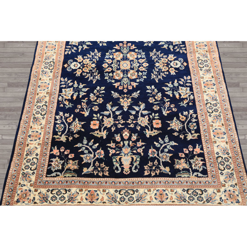 Tapis botanique Sarouk bleu marine en laine noué à la main 4 x 6 pi 3 po