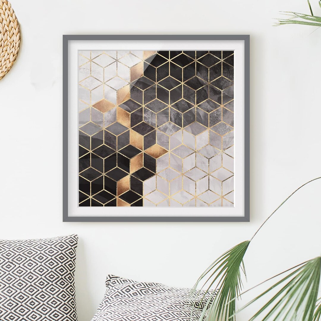 Gerahmter Grafikdruck Black White Golden Geometry