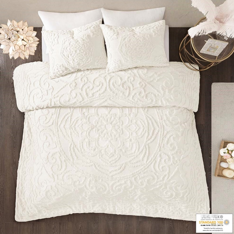 Housse de couette en coton à 3 médaillons, en coton, avec un design élégant et une sensation douillette, Blanc cassé