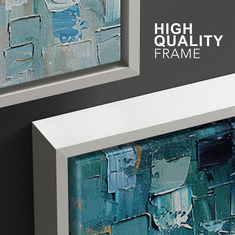 «Cerulean Cityscape», 3 pièces sur toile, Cadre flottant blanc, H 36 po x l 72 po