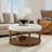 Large Round Upholstered Tufted Linen Ottoman Coffee Table, Large Footrest Ottoman with Wood Shelf Storage- Ivory-584048003