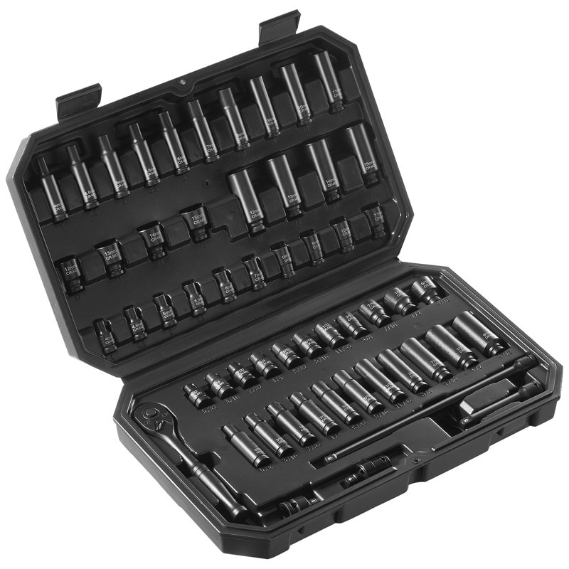 Ensemble de douilles à impact 6 pièces 1/4 po 6 po à cliquet | 13,39 po x 3,15 po x 9,06 po | Acier | 55 pièces | Étui | Noir