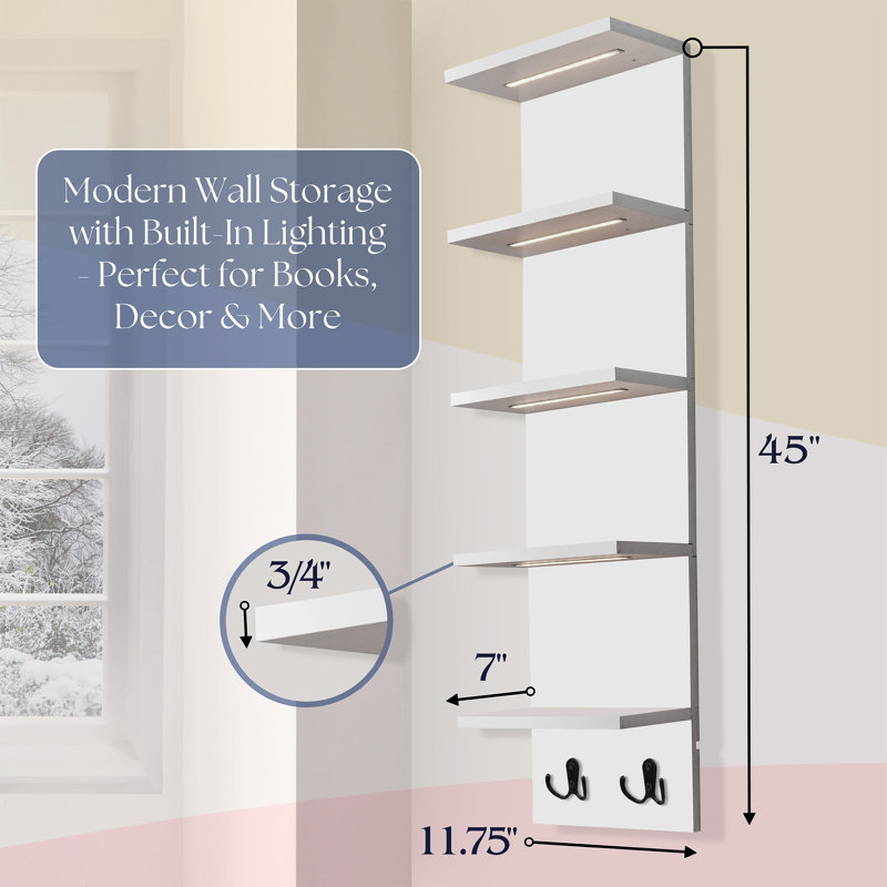  Sorbus LED Light Display Shelf - Vertical 5 Tier Wall Shelf Unit with 2 Hooks, Column Utility Shelving, White, White