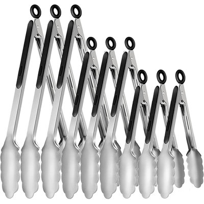 9-Piece Stainless Steel Cooking Tongs Set with Silicone Handles, 7" 9" 12" Locking Food Tongs for Kitchen BBQ Grill