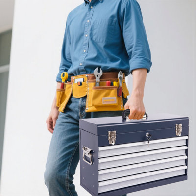 Heavy Duty Metal Tool Box, 21-inch, Portable Metal Tool Box with 4 Drawers, Small Tool Chest with EVA Liners, Ball Bearing Slide Drawers Locking & Powder Coated Finish, Multi-Function Tool Organizer