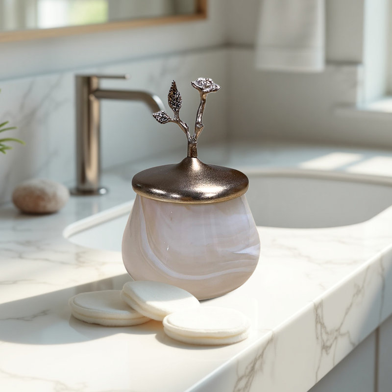 Malcom Bathroom Cotton Storage Container with Lid - Brass and Glass Jar, Elegant Christmas Gift