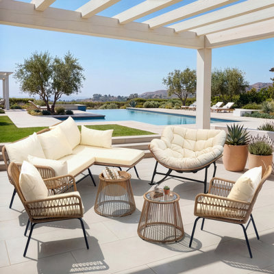 6 Person Outdoor Boho Patio Conversation Set with Rocking Papasan Chair and Ice Bucket Table
