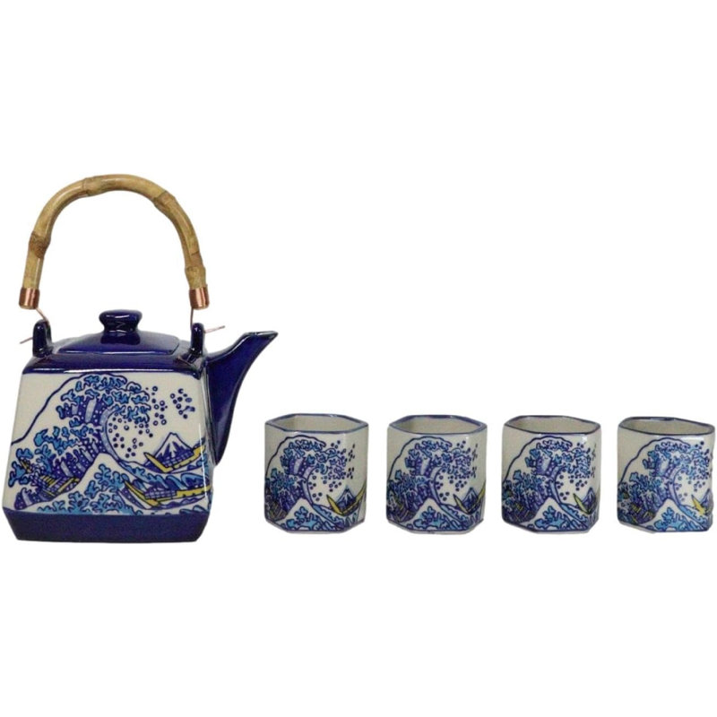 Ensemble de grandes théières hexagonales bleues et blanches Hakusai Kanagawa avec 4 tasses à thé