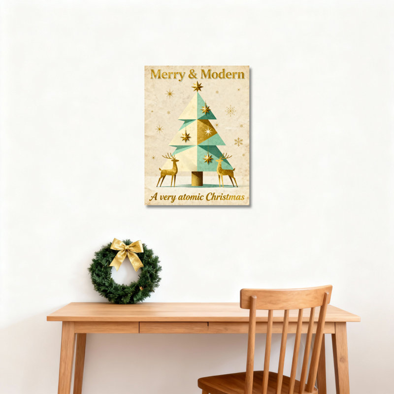 Arbre de Noël joyeux et moderne avec cerf et étoiles, reproduction d'art sur toile tendue sur toile, ensemble de 1