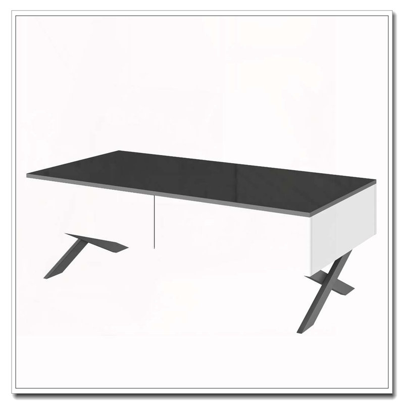 Table basse rectangulaire à miroir pour le salon avec rangement et base en métal, 2 tiroirs, plateau noir ultrabrillant