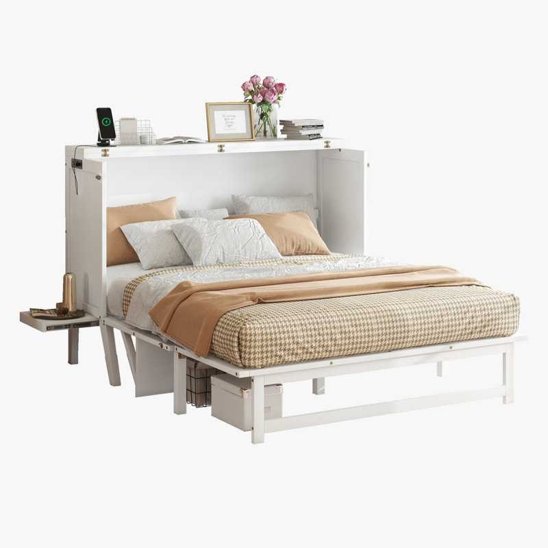 Lit escamotable en bois massif avec chargeur intégré et tablettes amovibles, Grand lit, Blanc