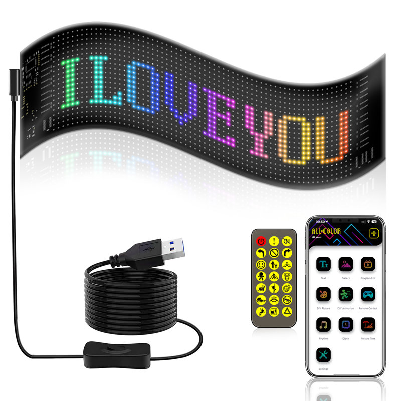 Car Devil's Eye pour les camions - Panneau matriciel animé à DEL de 35,35 po x 7,56 po alimenté par USB avec commande Bluetooth, affichage de texte et de motifs personnalisés pour les véhicules, les magasins, les événements et plus encore
