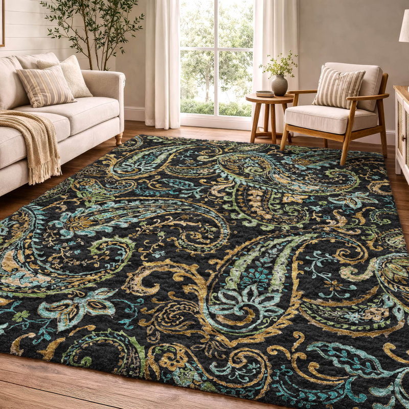 Tapis cachemire de qualité supérieure lavable à la machine ADS533, Noir, 9 pi x 12 pi