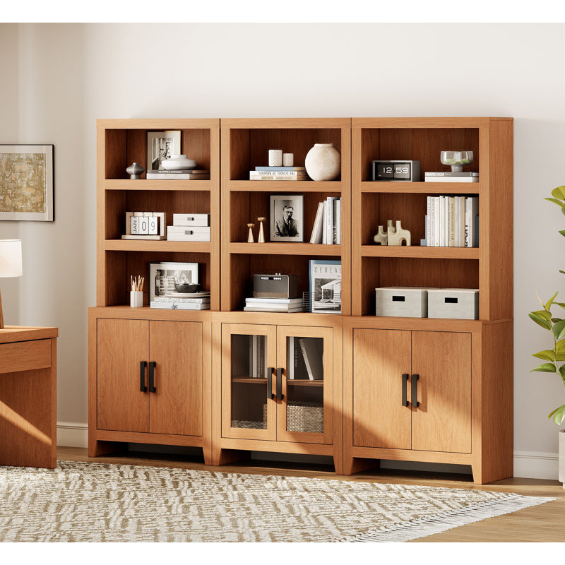 74" Tall Bookshelf With Doors, Large Bookshelf Set Of 3 ,Farmhouse Bookcase With Open Shelves For Living Room, Home Office, Library