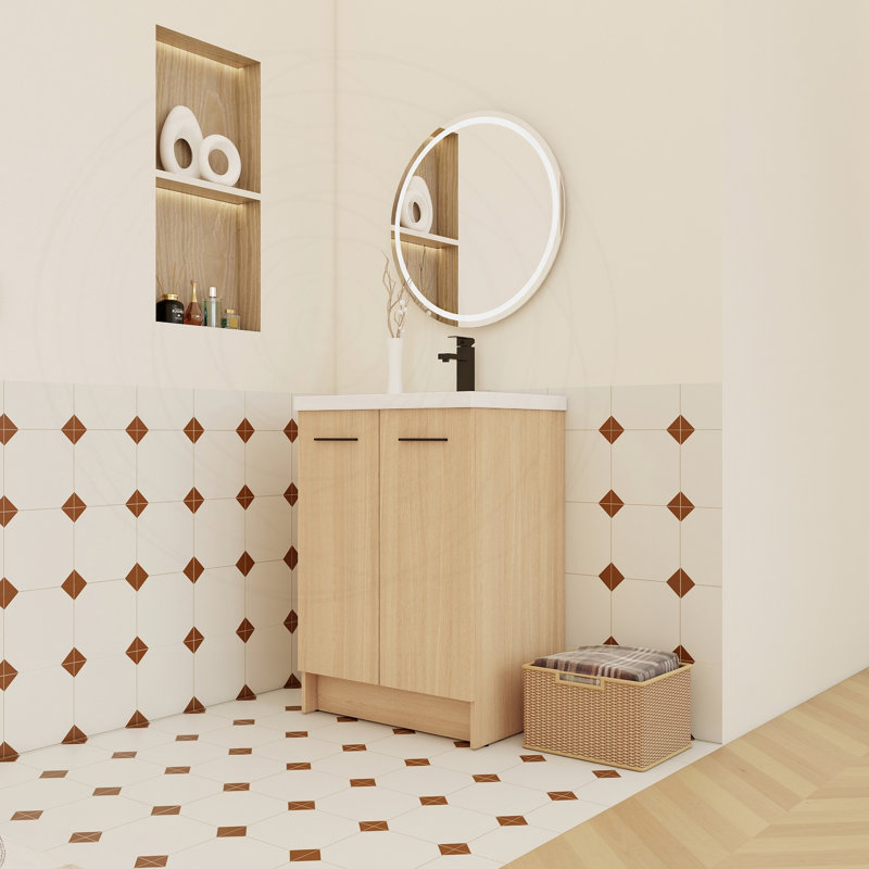 Meuble-lavabo autoportant de 24 po avec lavabo en résine, chêne clair