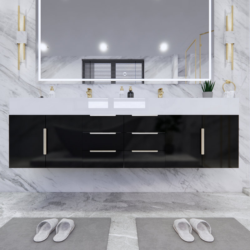 Thomason 71'' Double Bathroom Vanity with Acrylic Top, High Gloss Black, Glossy White