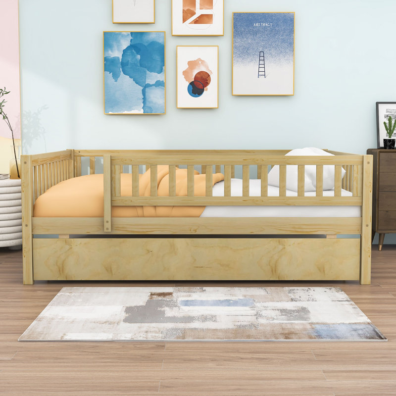 Clyda Daybed with Twin Trundle and Fence Guardrails, Natural, Full/Double
