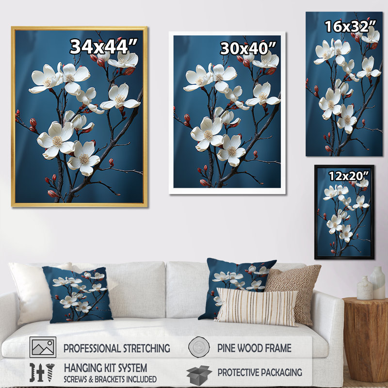 Dogwood Blossoms in Grey Tones I - reproduction sur toile, Cadre flottant doré, H 44 po x l 34 po x P 1,5 po
