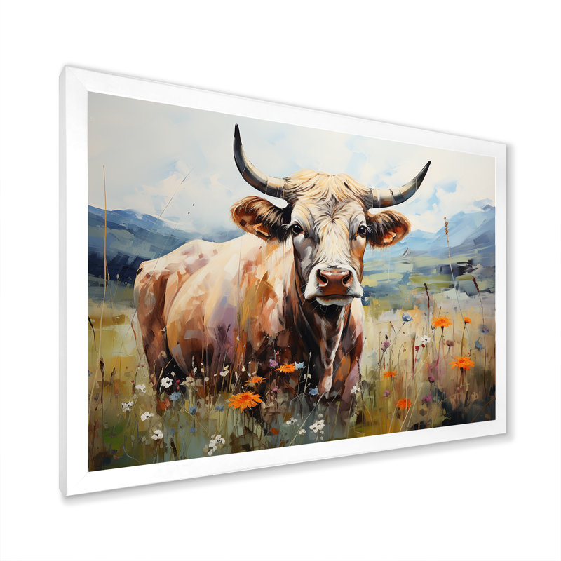 Vache dans des champs pastel - impressions encadrées de vache, Cadre blanc, H 24 po x l 32 po x P 1 po