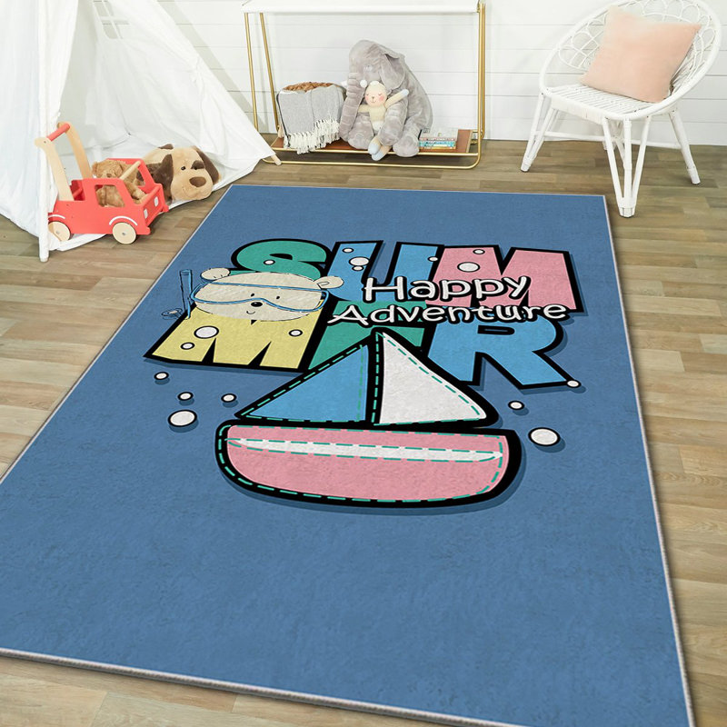 Tapis rectangulaire tissé à la machine en polyester bleu / vert / rose, Rectangle 5 pi 11 po x 9 pi 2 po