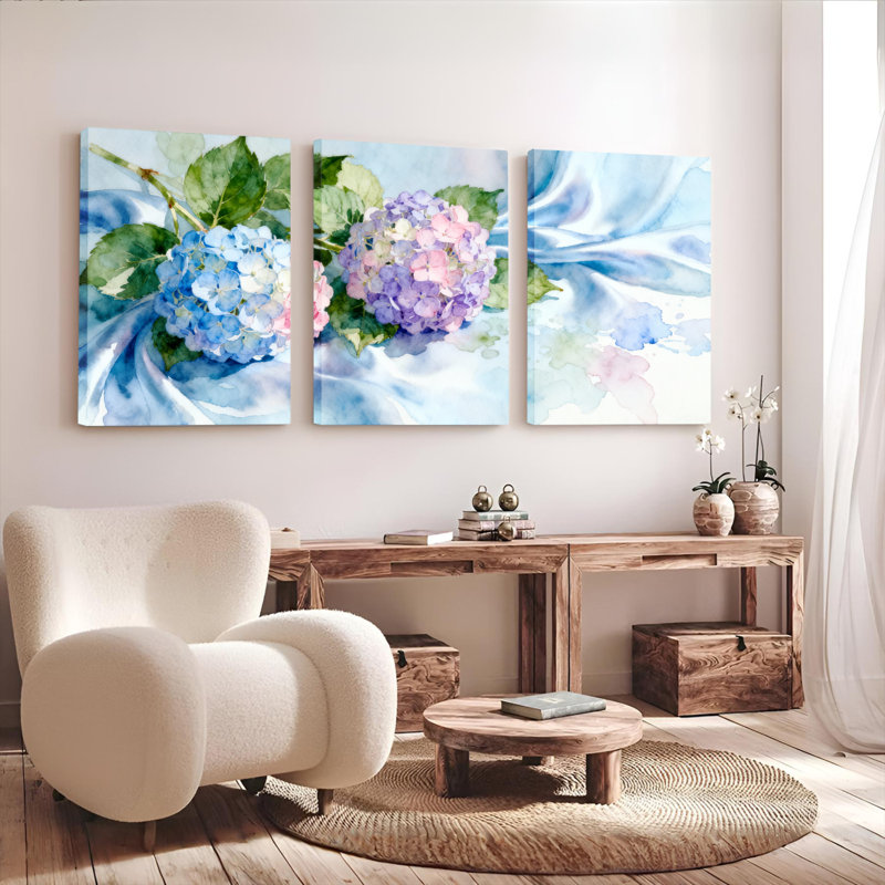 «Hydrangea», impression sur toile tendue à l'aquarelle sur toile, ensemble de 3, H 24 po x l 48 po