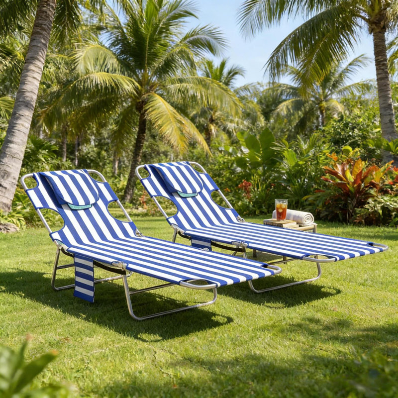 Méridiennes de patio réglables en acier, à rayures bleues pliables pour la plage et la cour