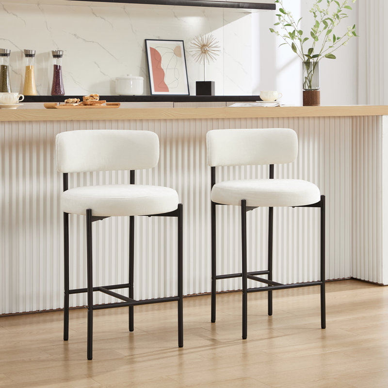 26.8'' Modern Bar Stools With Cuved Back, Upholstered Chenille Counter Height Bar Chairs With Metal Frame, White