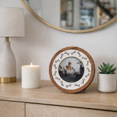 Bone Pattern Round Wood and Iron Photo Frame for Entryway Display - Decorative Picture Frames with Glass Front for Bedroom Display - Ivory & Brown