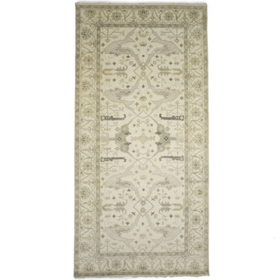Handmade Floral Design 8 x 16 Oushak Wool Area Rug Muted Cream