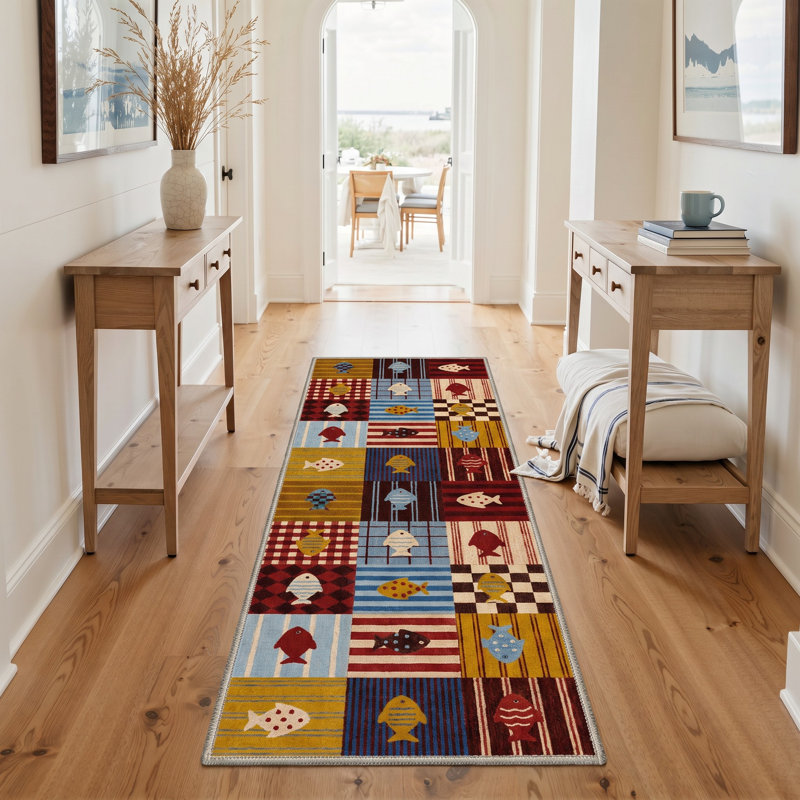 Tapis de couloir brun / rouge lavable à la machine avec envers antidérapant, Tapis de couloir 2 pi 6 po x 8 pi