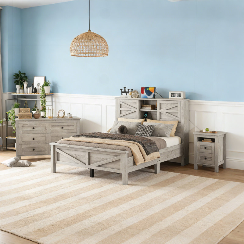 Ensemble de chambre à coucher 3 pièces avec lit plateforme, Gris antique