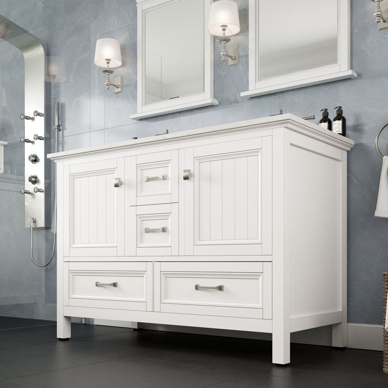 Glebs 48"W x 22"D Double Sink Bathroom Vanity with Undermount Porcelain Sink, Quartz - White Carrara, White
