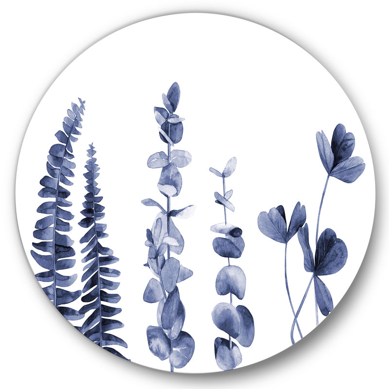 Bleu marine eucalyptus I - art mural traditionnel en cercle métallique, H 29 po x l 29 po x P 1 po