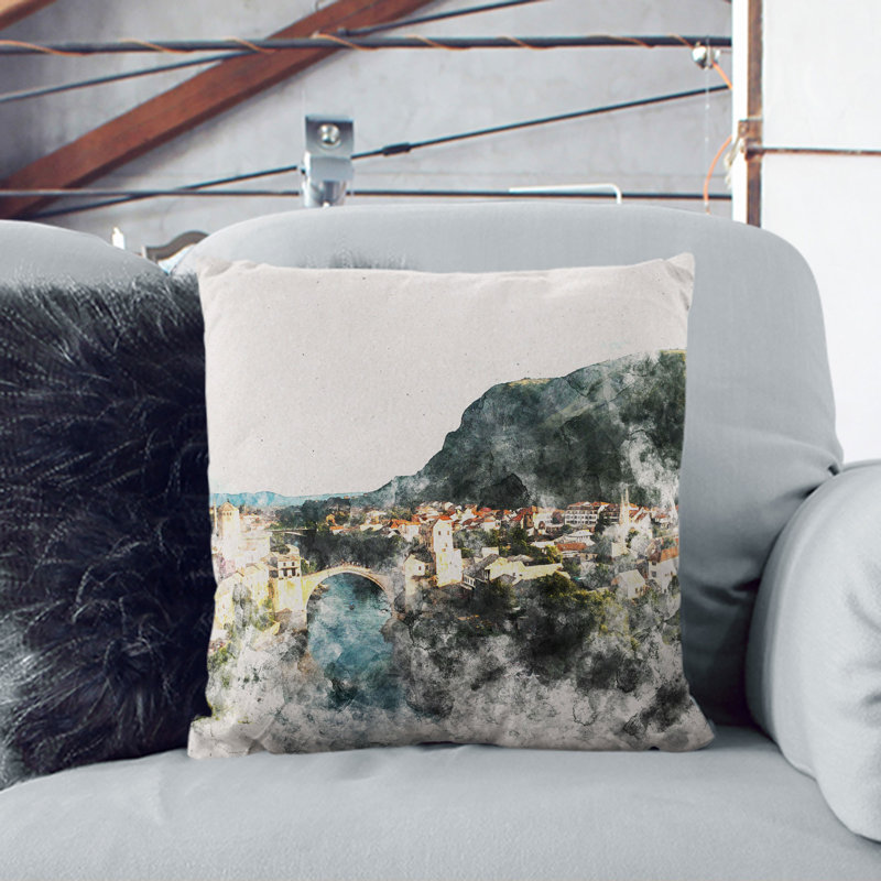 Skyline Of Mostar Square Throw Cushion, 40cm H x 40cm W x 15cm D, White