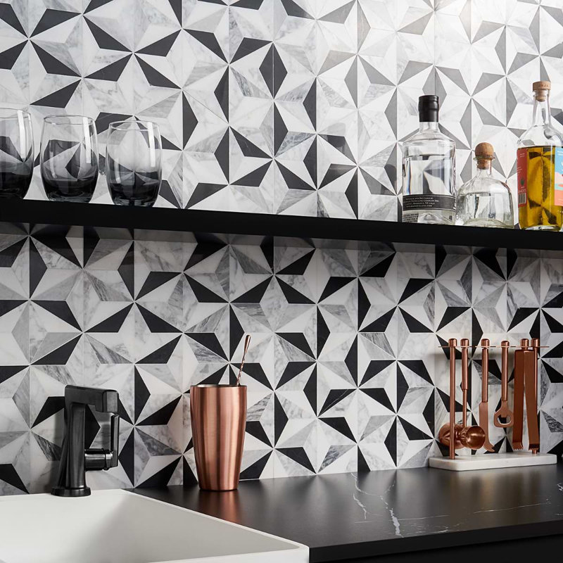 Phantasm Polished Marble Mosaic Tile, Tuxedo Black/White