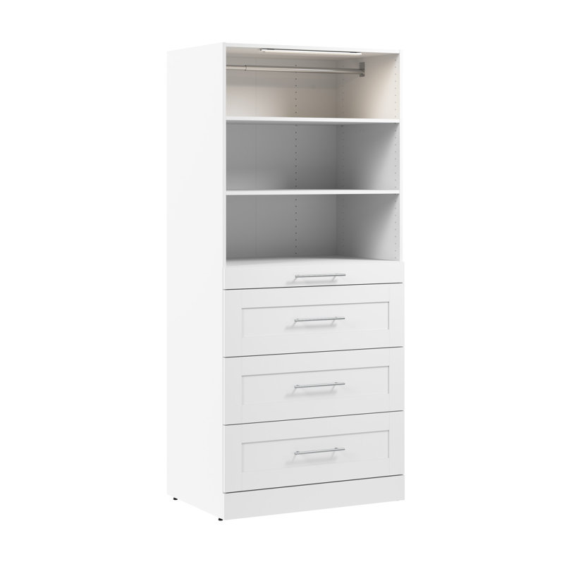 Florence Modular Walk-In Closet System Tower With LED Light, Shelves And 4 Drawers, Shaker Style, 80.5"H x 35.4"W x 24.5"D