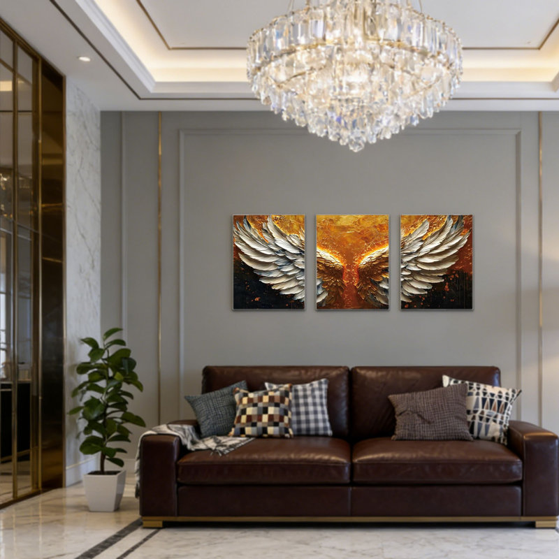 Or, 3 pièces, peinture sur toile, ailes d'ange, 24 L x 16 l