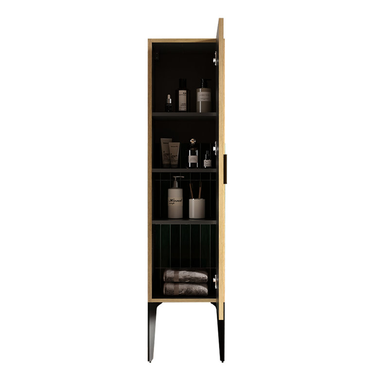 Casier de salle de bain moderne des années 14, rayé noir mat, autoportant avec rangement étagé et commode en métal, tablettes pratiques avec pieds robustes