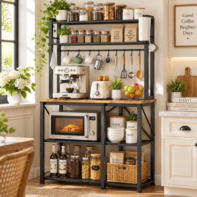 Étagère de cuisine 34,65 pouces avec 5 tablettes de rangement et crochets en S, brun rustique