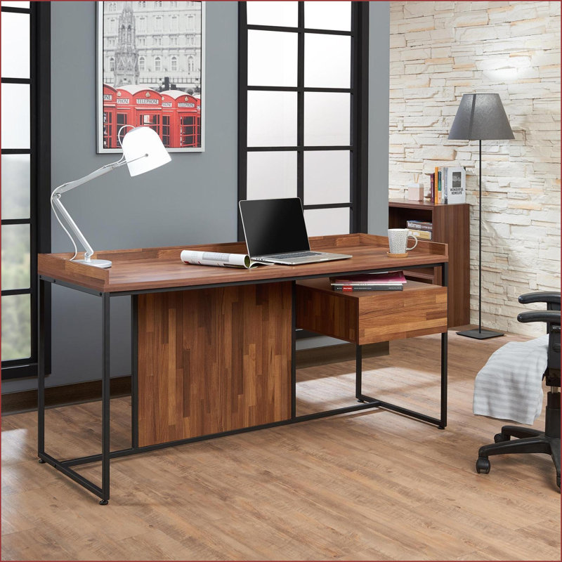Bureaux, bureau d'écriture moderne à 1 tiroir - 62 po de large noyer et amp; Noir sable | Noyer + noir | Bois et métal