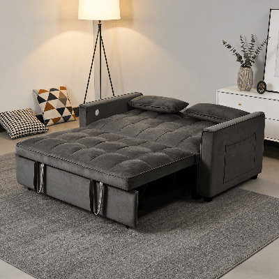 3 In 1 Convertible Sleeper Sofa Bed, Pull Out Couch For Living Room With Side Pocket, Loveseat Sleeper With Adjustable Backrest