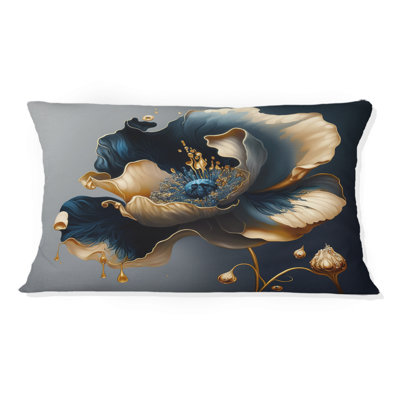 Deep Blue And Gold Single Flower II - Floral Printed Throw Pillow